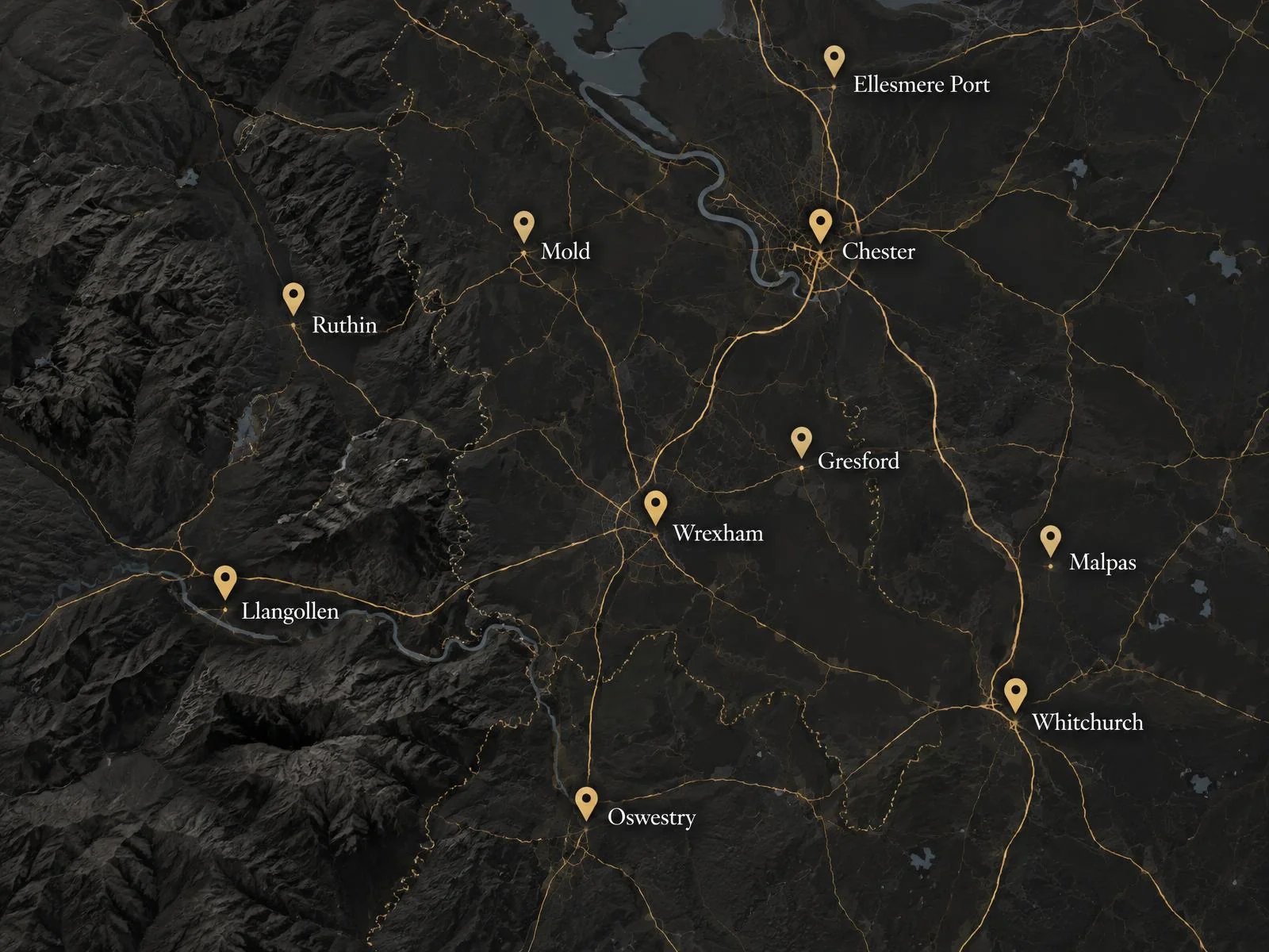Map of the towns and villages we serve around Wrexham, Chester, Mold, Llangollen, Oswestry and Whitchurch