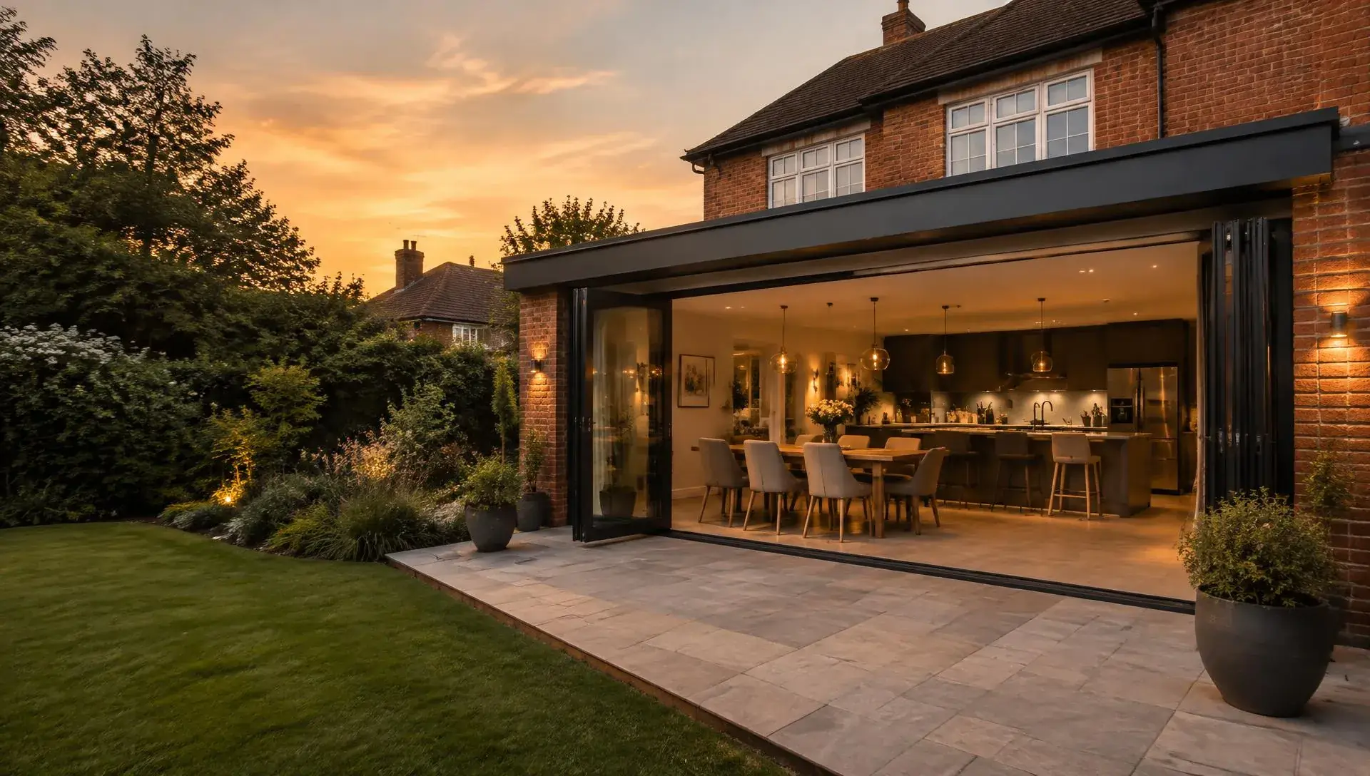 Modern brick rear extension opening onto a garden at dusk